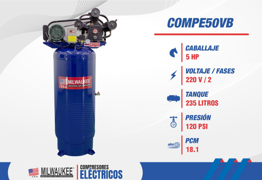Compresor Eléctrico 5 HP – Tanque Vertical 235 Lts COMPE50VB