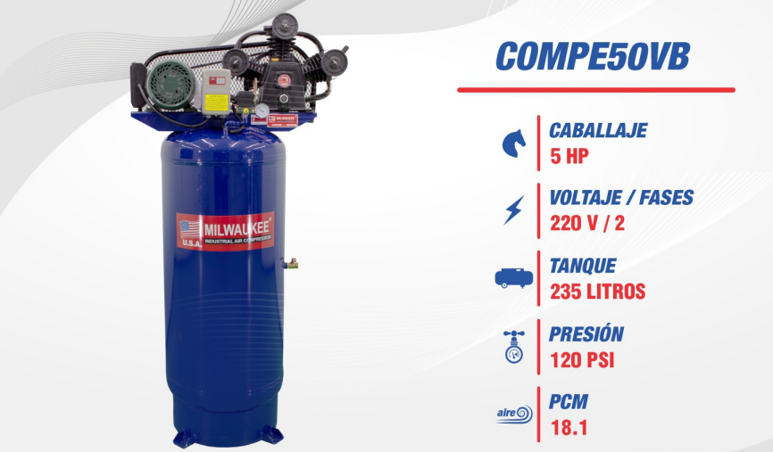 Compresor Eléctrico 5 HP – Tanque Vertical 235 Lts COMPE50VB