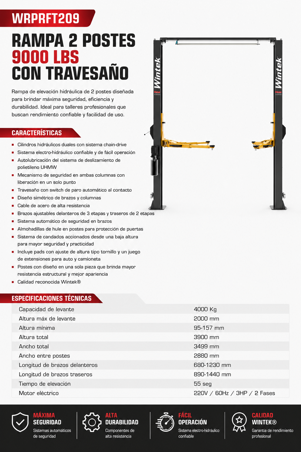 Rampa 2 Postes 9000 LBS Con Travesaño WRPRFT209