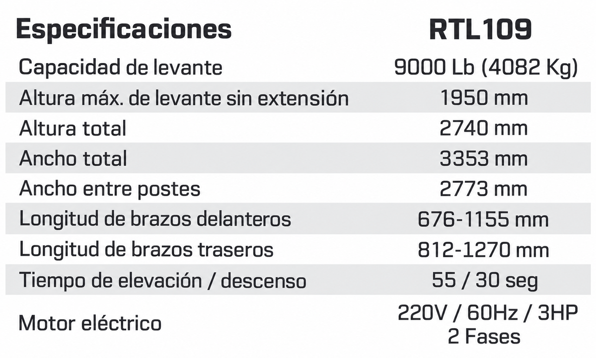 Rampa De 2 Postes Simétrica De Altura Libre Capacidad 9000Lb (4082Kg) WRPRTL109