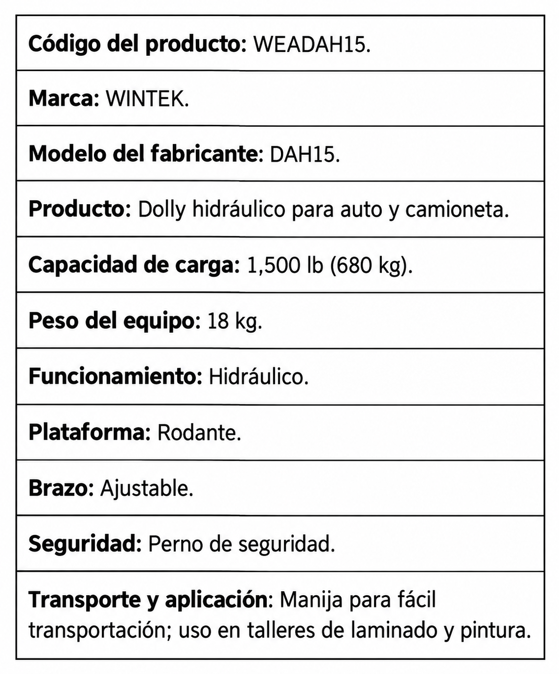 Dolly Hidráulico Para Auto y Camionets Wintek 1,500 LB WEADAH15