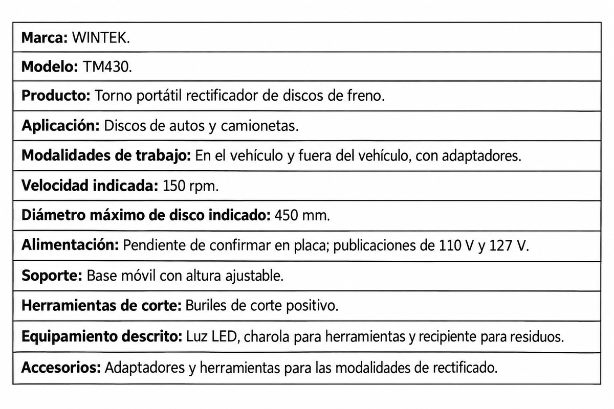 Torno Portátil Rectificador De Discos De Freno WINTEK TM430