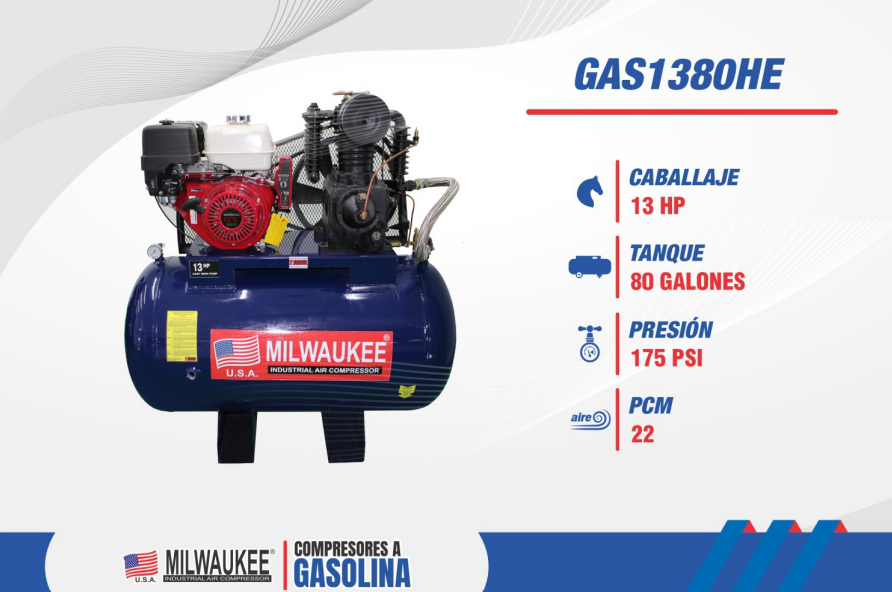 Compresor a Gasolina Milwaukee 13 HP Honda 175 PSI Tanque 300 Lts