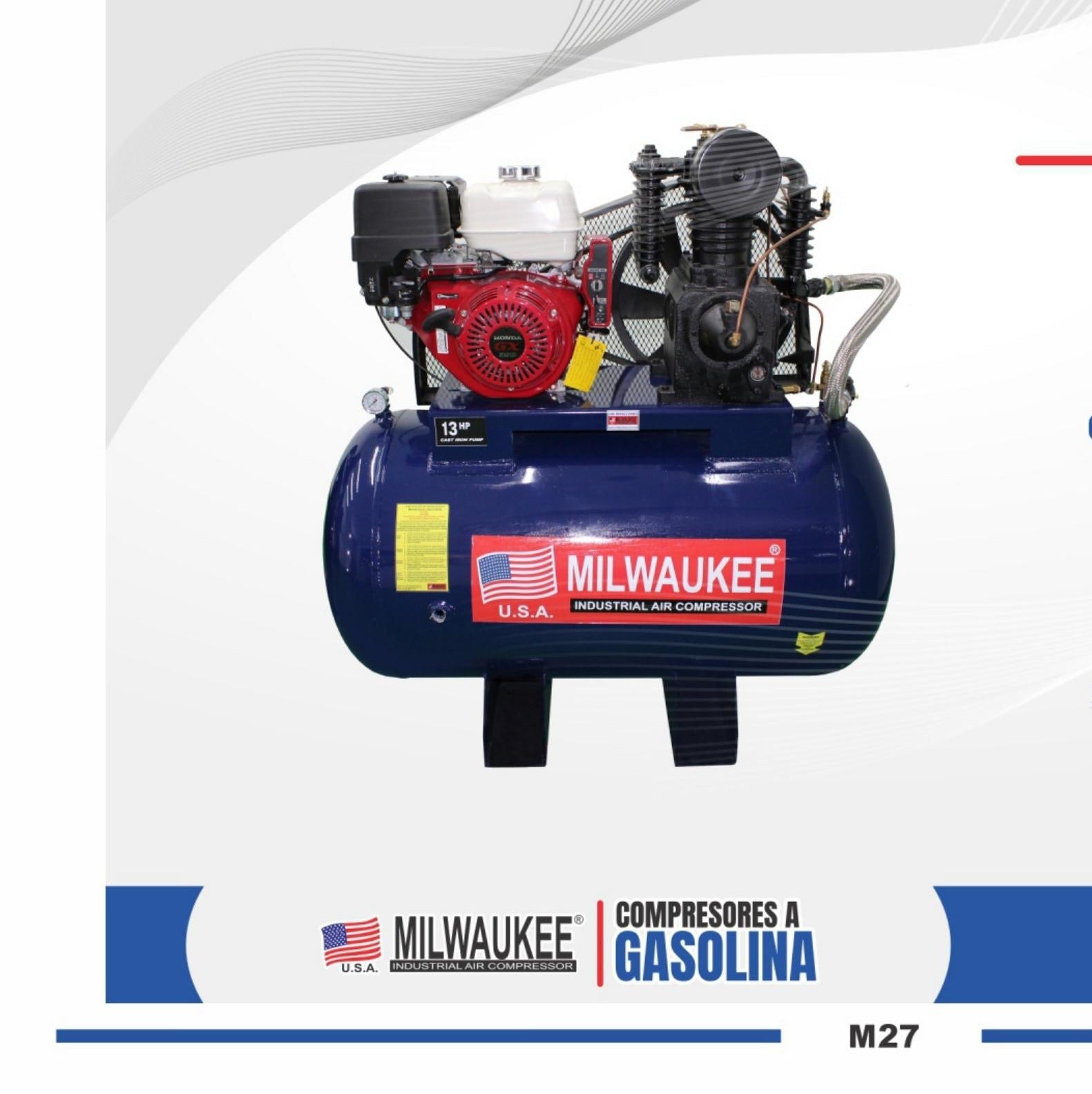 Compresor a Gasolina Milwaukee 13 HP Honda 175 PSI Tanque 300 Lts