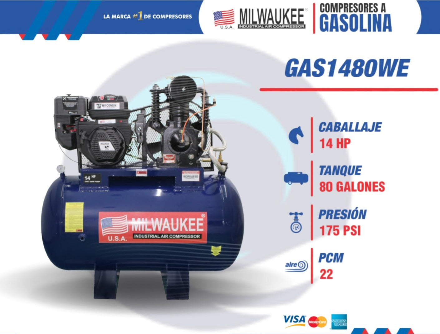Compresor Industrial Milwaukee 300L Motor 14HP Psi Max. 175