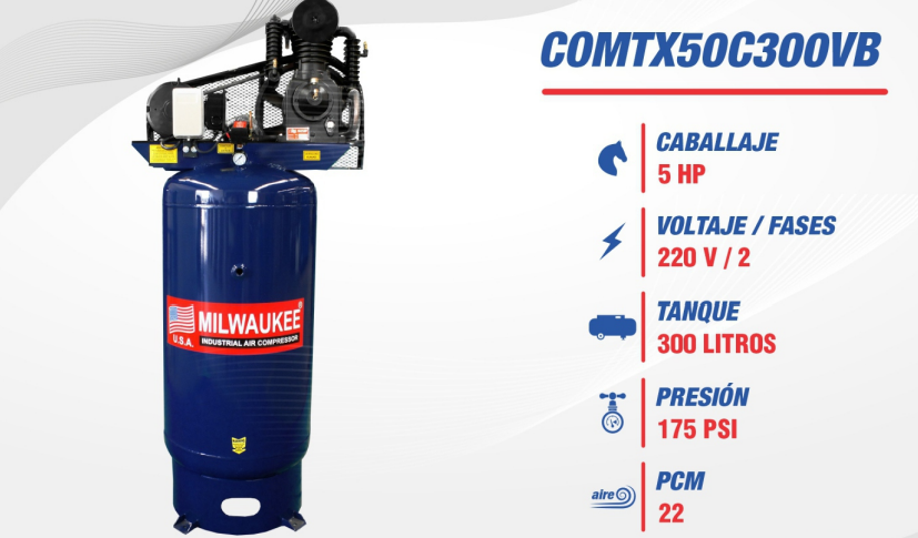 Compresor Eléctrico Milwaukee 5 HP Tanque Vertical 300 Lts Fases 220V/60HZ COMTX50C300VB