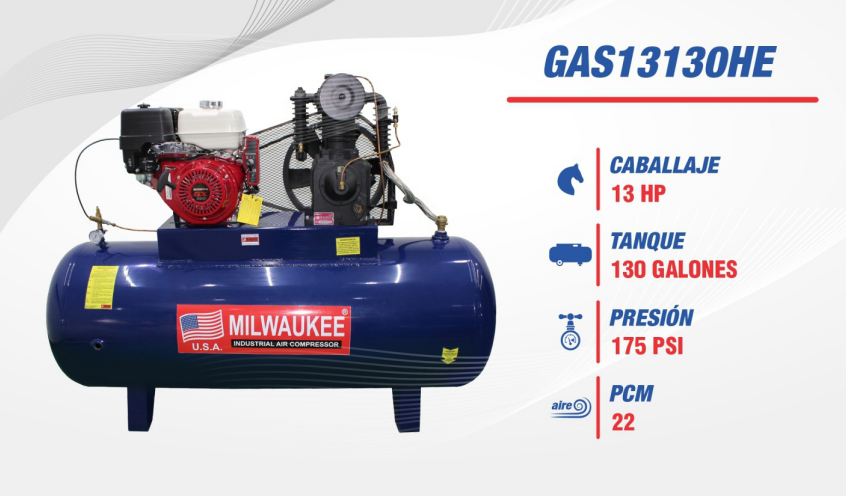 Compresor a Gasolina Milwaukee 13 HP – Tanque 500 Lts (130 gal) GAS13130HE