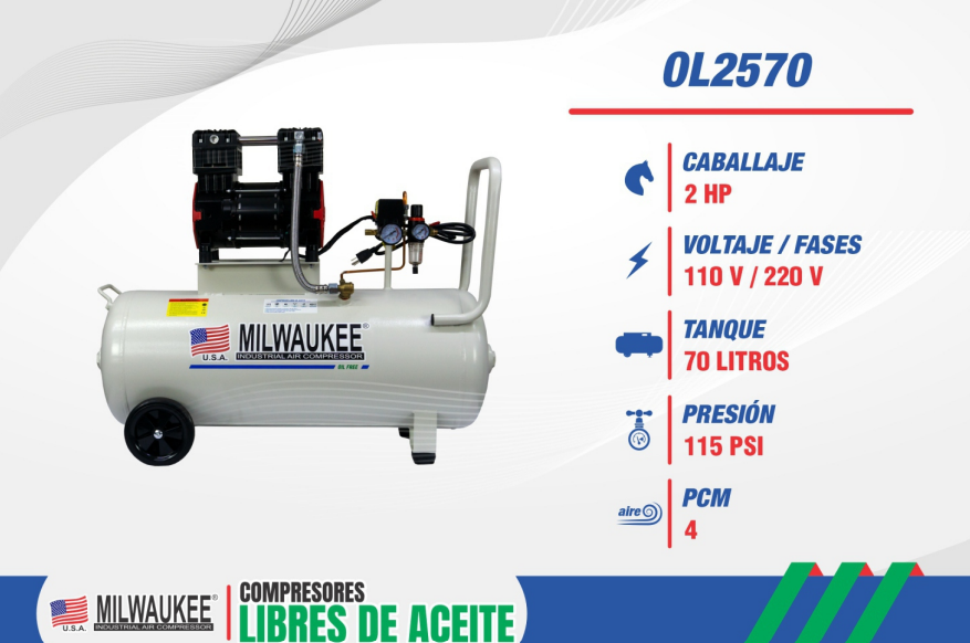 Compresor Libre de Aceite Milwaukee 2 HP – Tanque 70 Lts OL2570