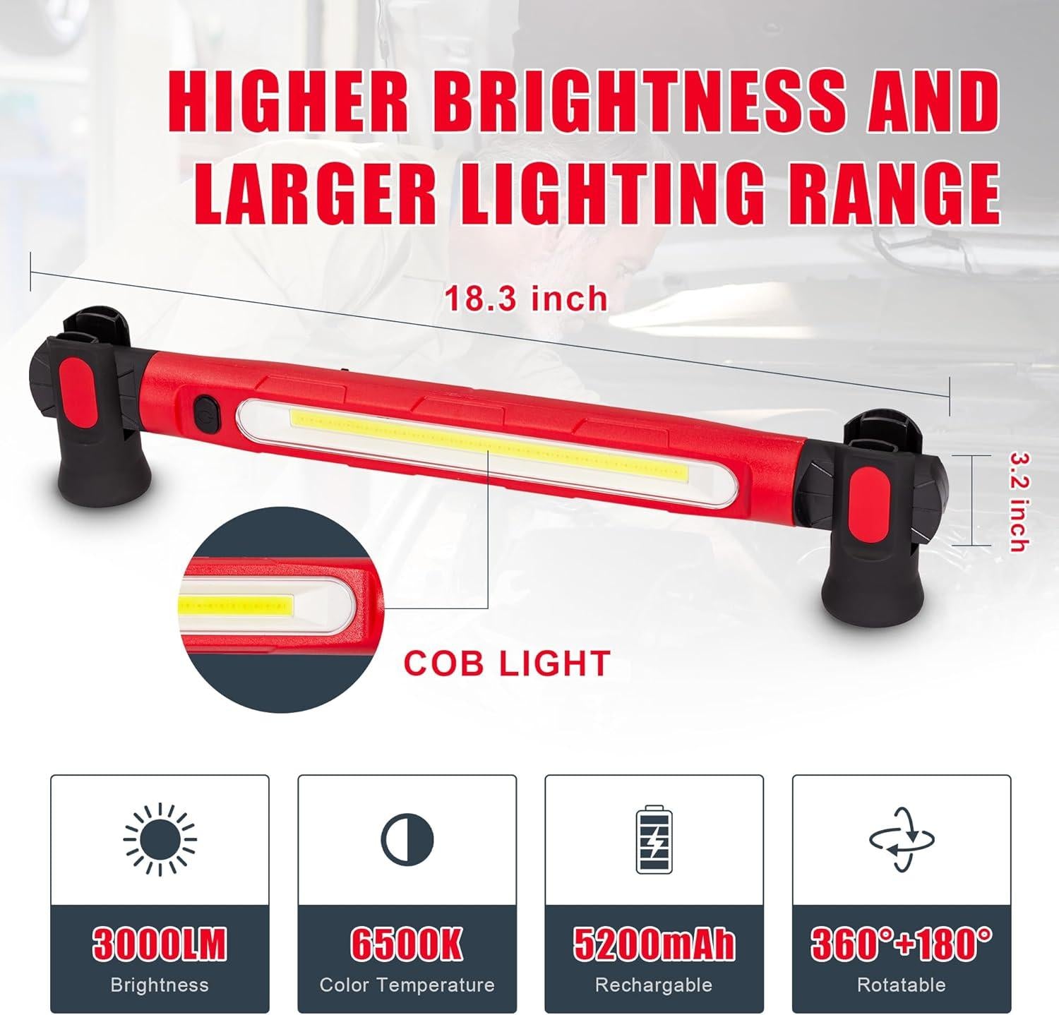 Lámpara De Trabajo Recargable LED 3000 lm, 4400 mAh Con Imán y Ganchos