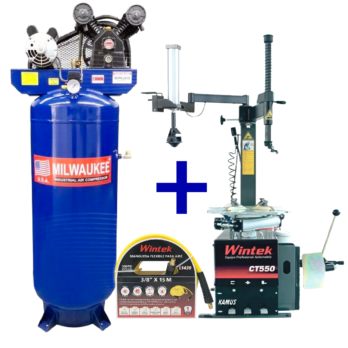 Combo Desmontadora 24" WDBCT550 + Compresor Vertical 3HP 235L COMPE30VB + Manguera 3/8" X 10M WLUL1438