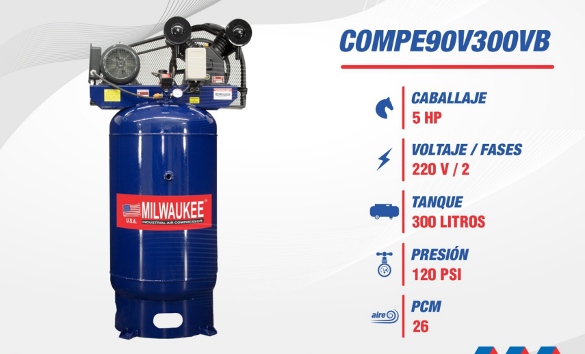 Compresor Eléctrico 5 HP – Tanque Vertical 300 Lts, 26 CFM COMPE90V300VB
