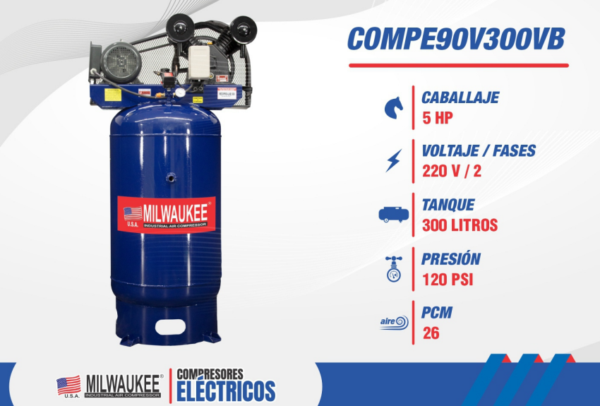 Compresor Eléctrico 5 HP – Tanque Vertical 300 Lts, 26 CFM COMPE90V300VB
