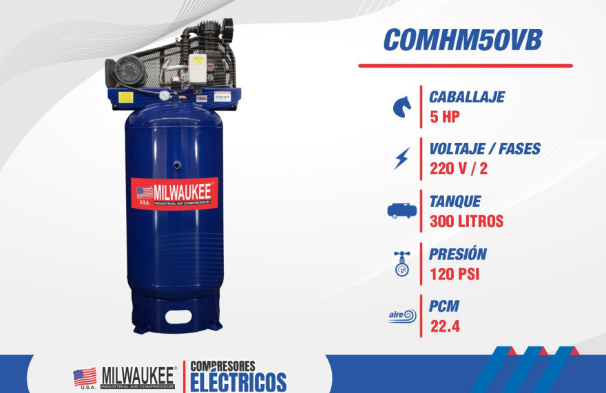 Compresor Eléctrico 5 HP Tanque Vertical 300 Lts (80 gal) 220V COMHM50VB