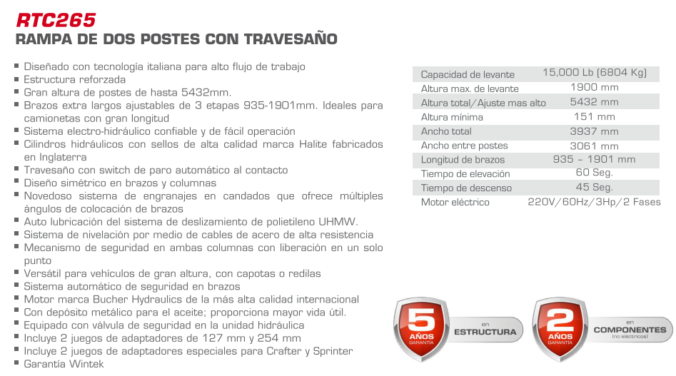 Rampa 2 Postes 15000 LB Con Travesaño Para Crafter/Sprinter WRPRTC265