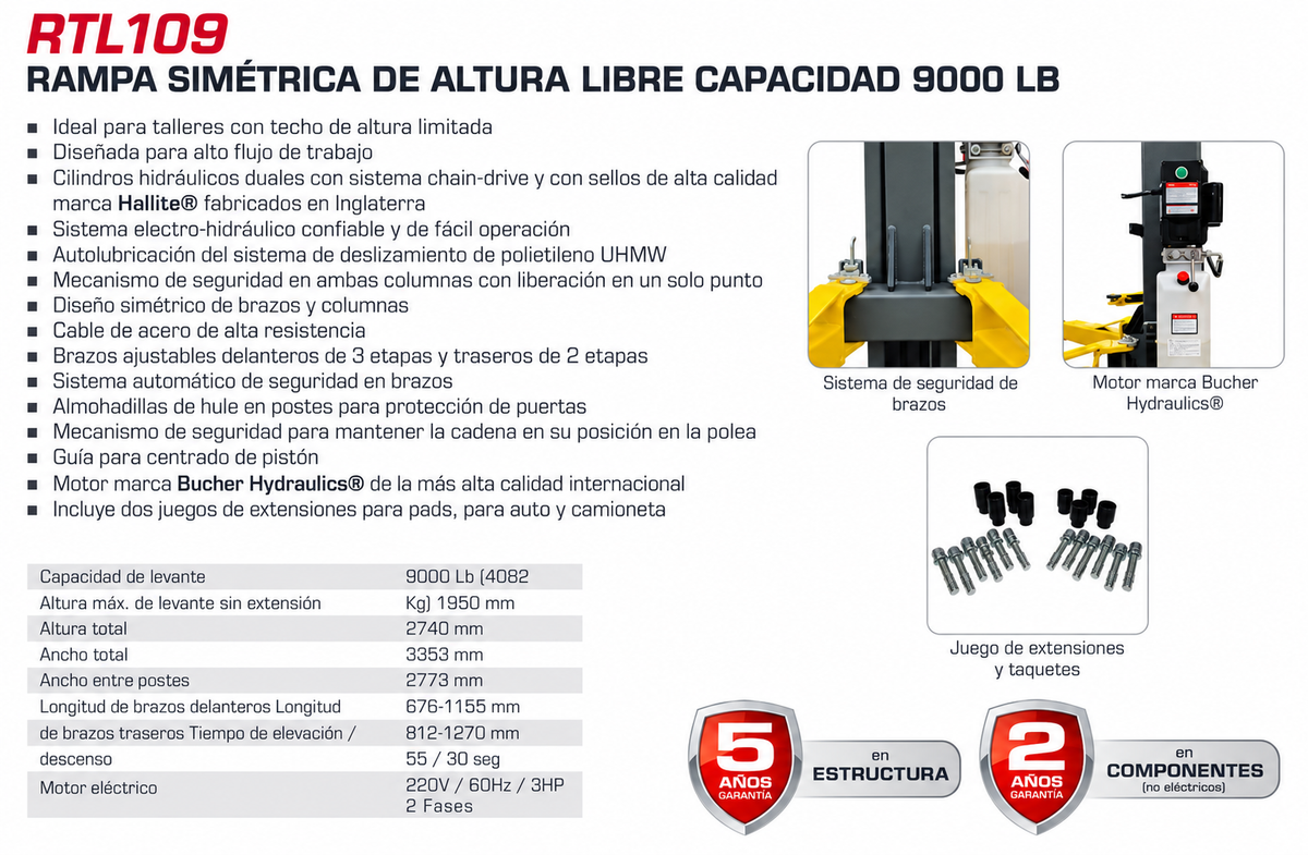 Rampa De 2 Postes Simétrica De Altura Libre Capacidad 9000Lb (4082Kg) WRPRTL109