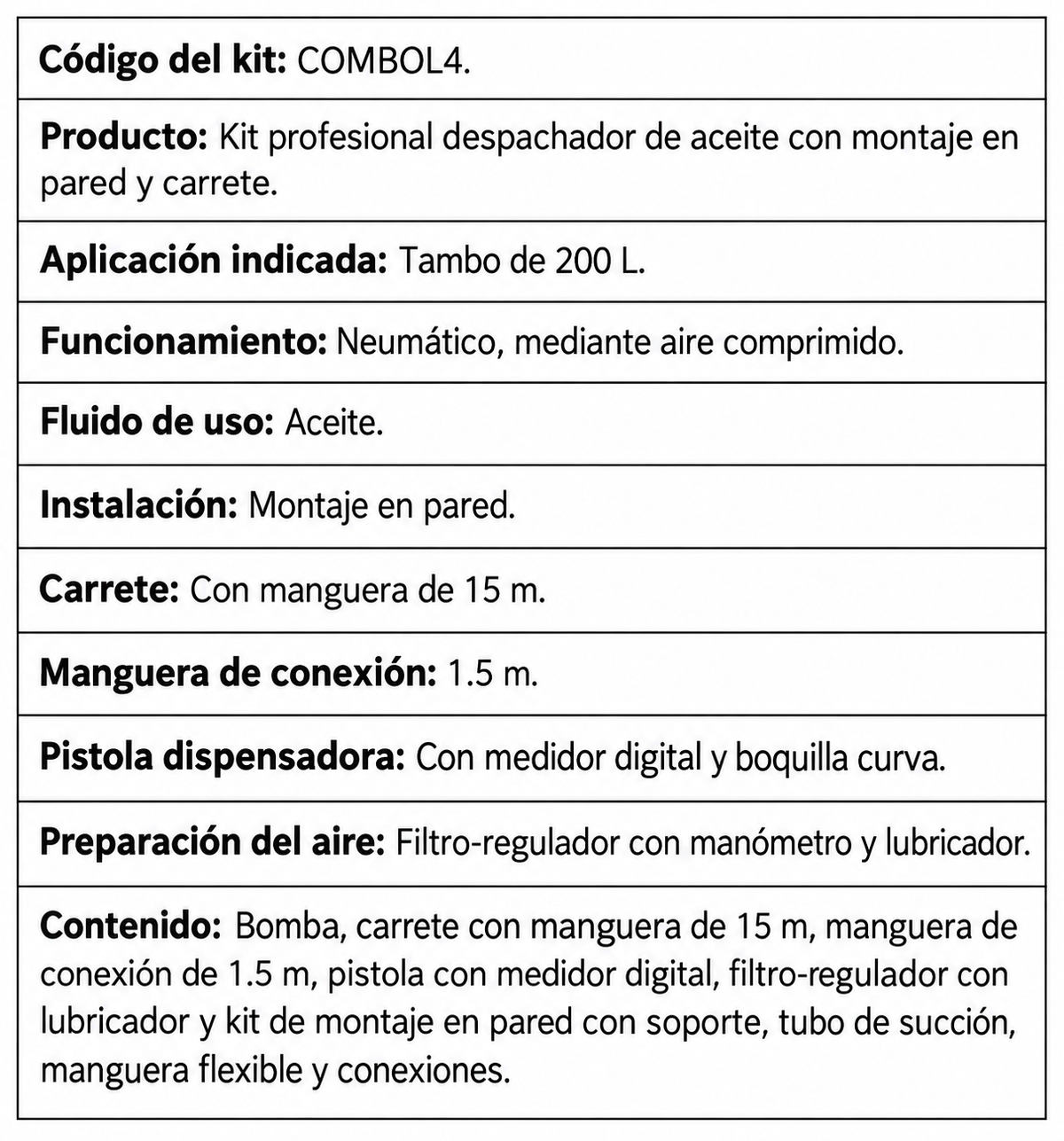 Kit Profesional Despachador De Aceite Para Tambo 200L Con Montaje En Pared y Carrete 15m