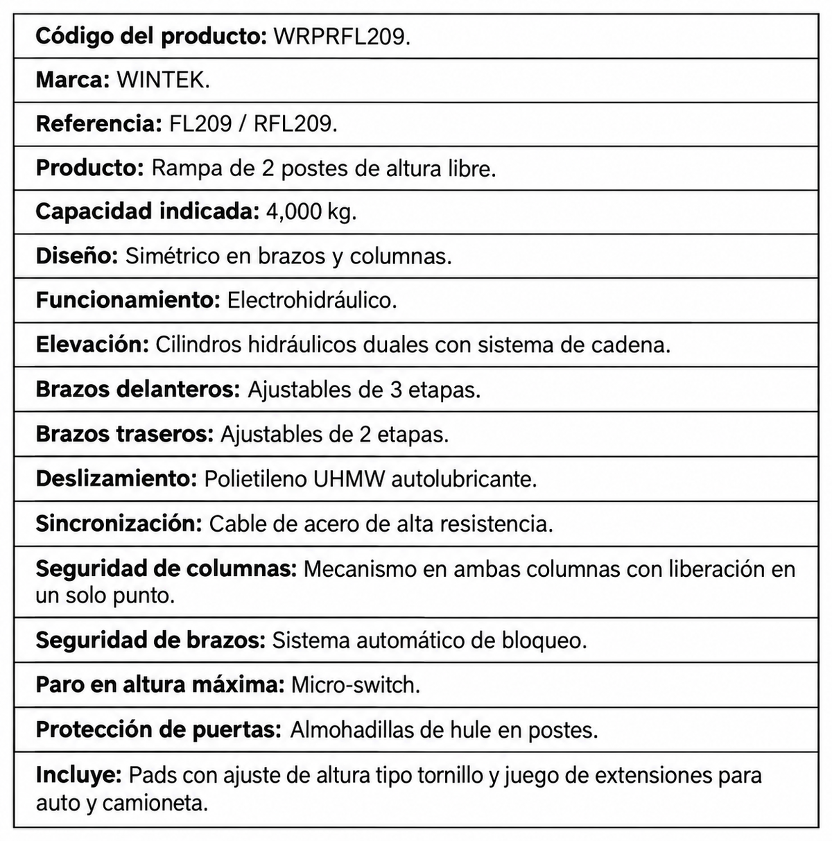 Rampa De 2 Postes 9,000 lb Altura Libre Wintek WRPRFL209