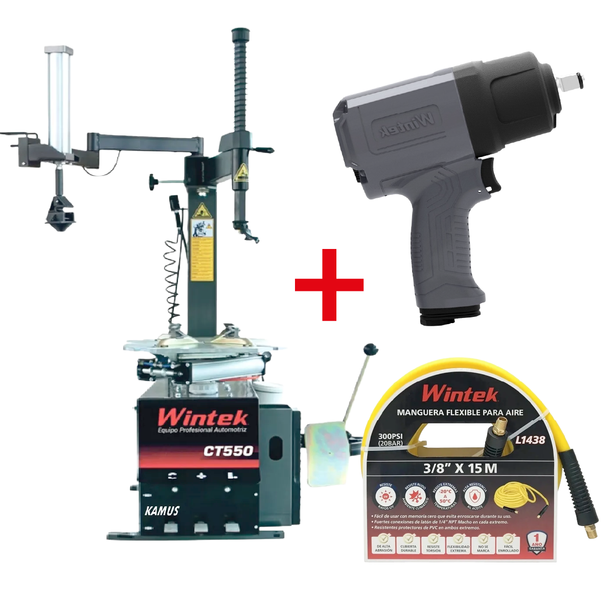 Desmontador Apertura 24" con Brazo + Llave de Impacto 1/2" 630 LB/PIE + Manguera 3/8" x 15mts.