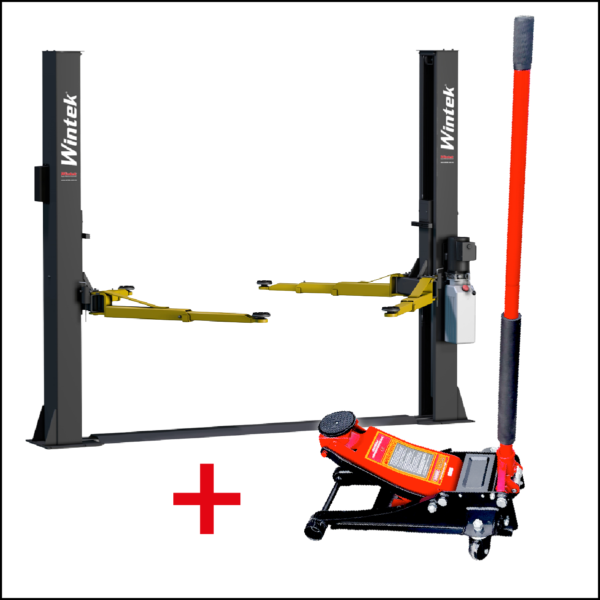 Combo Elevación: Rampa 2 Postes Altura Libre 9000 lbs + Gato Hidráulico de Patín 3 Ton