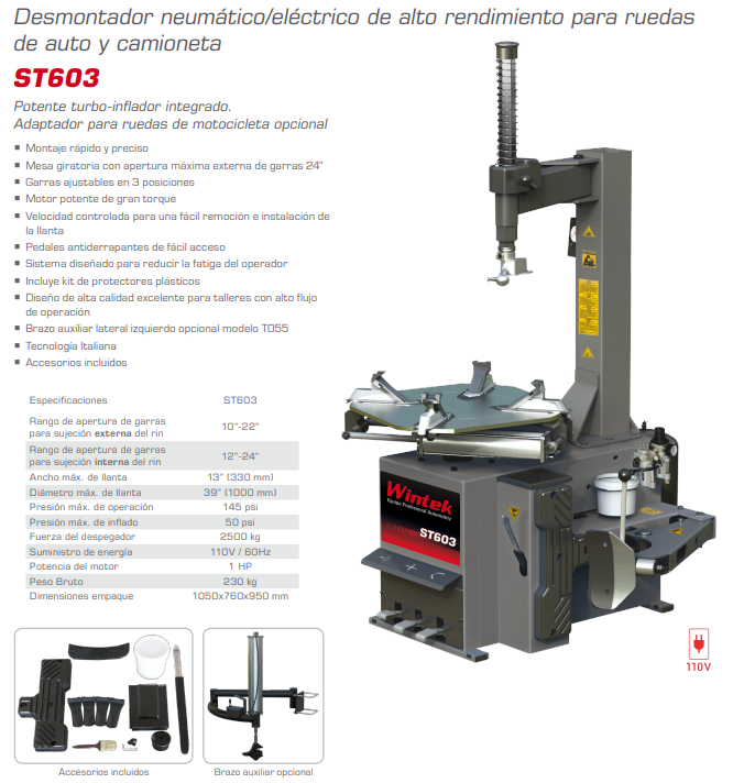 Desmontadora Neumático/ Eléctrico Con Apertura Máxima 24" Con Turbo Inflador ST603