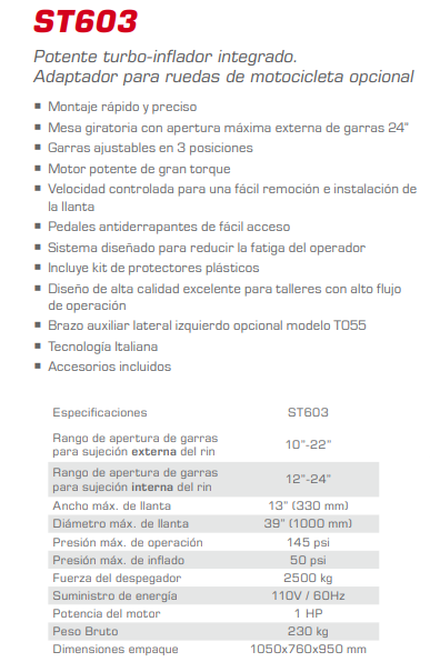 Desmontadora Neumático/ Eléctrico Con Apertura Máxima 24" Con Turbo Inflador ST603