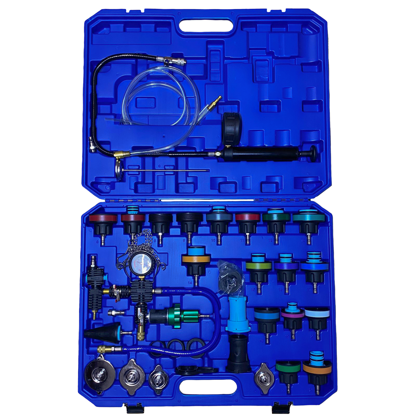Probador De Fugas De Radiador y Kit Para Rellenar Anticongelante 34 pzs