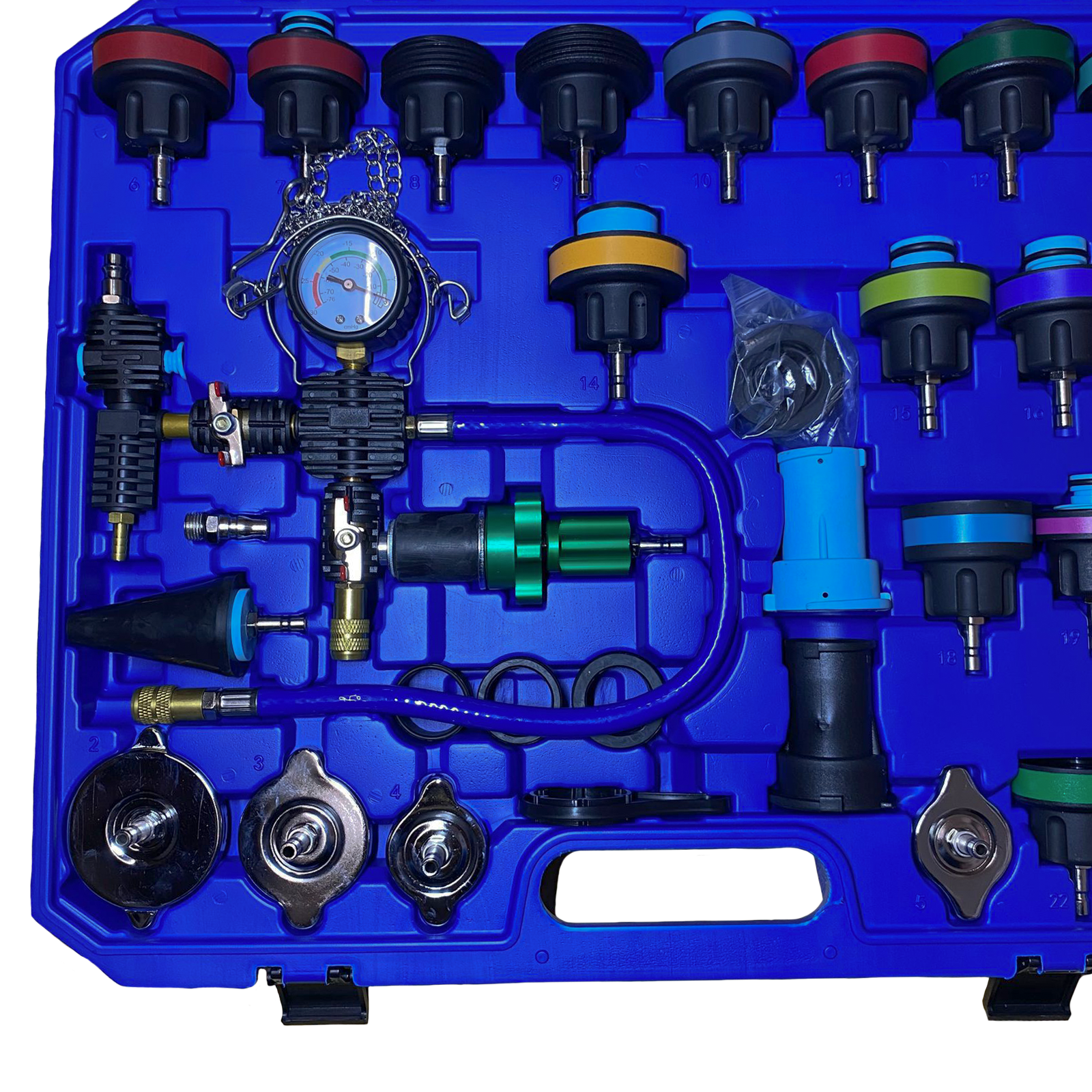 Probador De Fugas De Radiador y Kit Para Rellenar Anticongelante 34 pzs