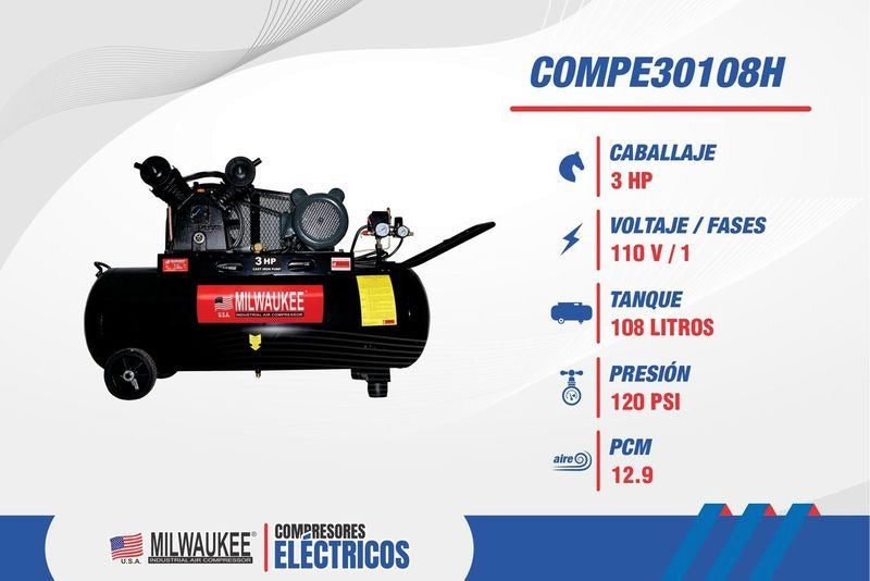 Compresor De Aire 3HP 108L Horizontal 110V