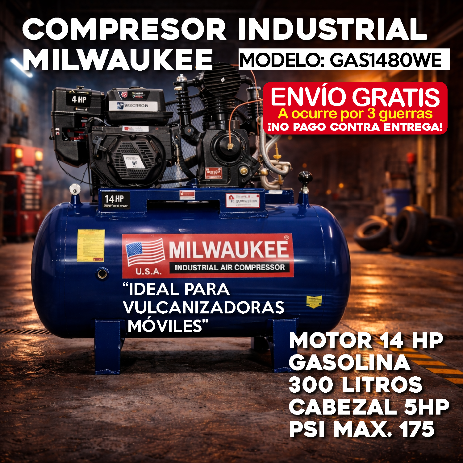 Compresor Industrial Milwaukee 300L Motor 14HP Psi Max. 175