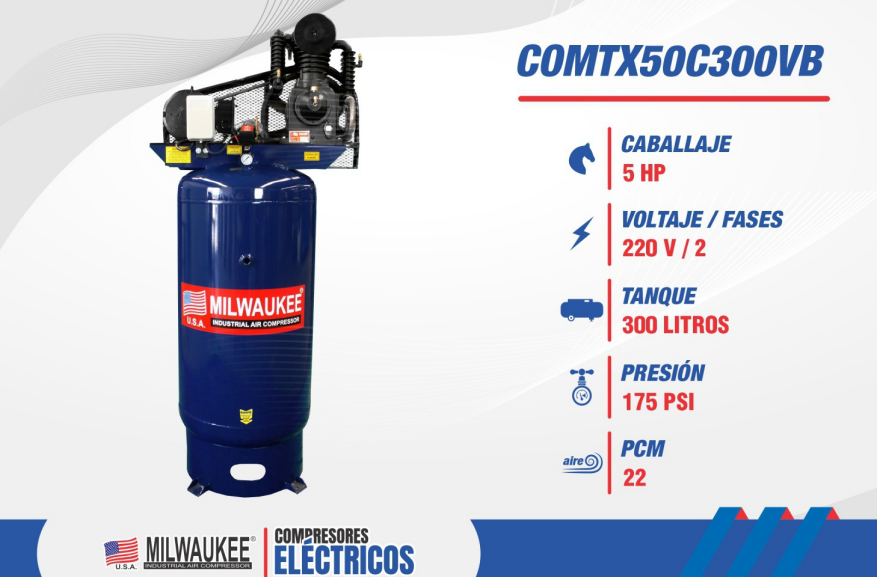 Compresor Eléctrico Milwaukee 5 HP Tanque Vertical 300 Lts Fases 220V/60HZ COMTX50C300VB