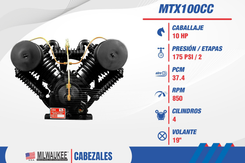 Cabezal Milwaukee MTX100CC – 10 HP, 4 Cilindros, 175 PSI