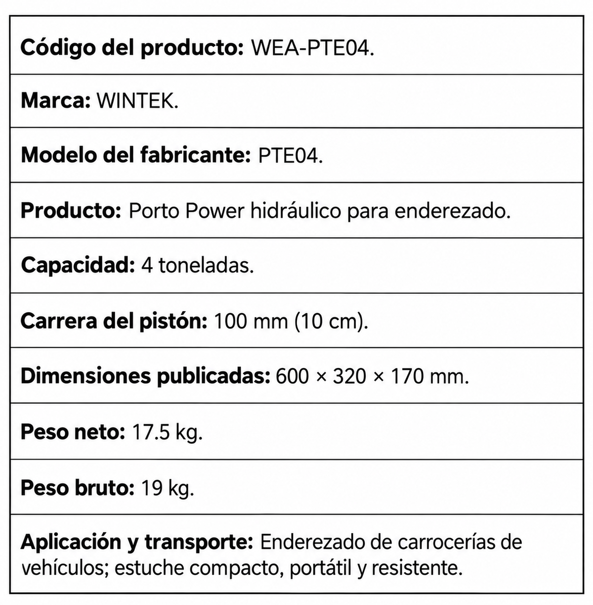 Porto Power Hidráulico Wintek De 4 Toneladas WEAPTE04