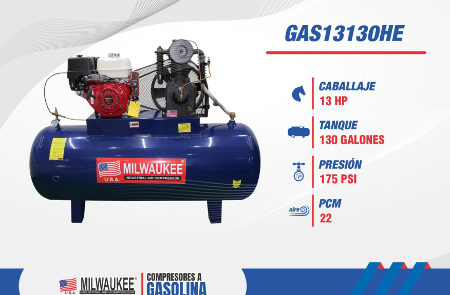 Compresor a Gasolina Milwaukee 13 HP – Tanque 500 Lts (130 gal) GAS13130HE