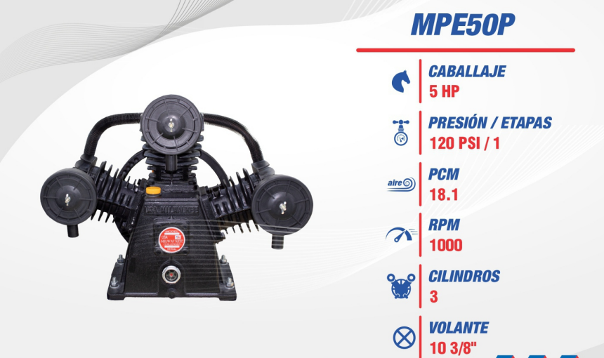 Cabezal de Compresor MPE50P – 5HP / 3 Cil / 120 PSI