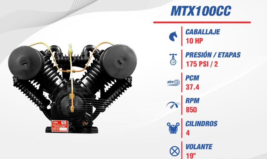 Cabezal Milwaukee MTX100CC – 10 HP, 4 Cilindros, 175 PSI