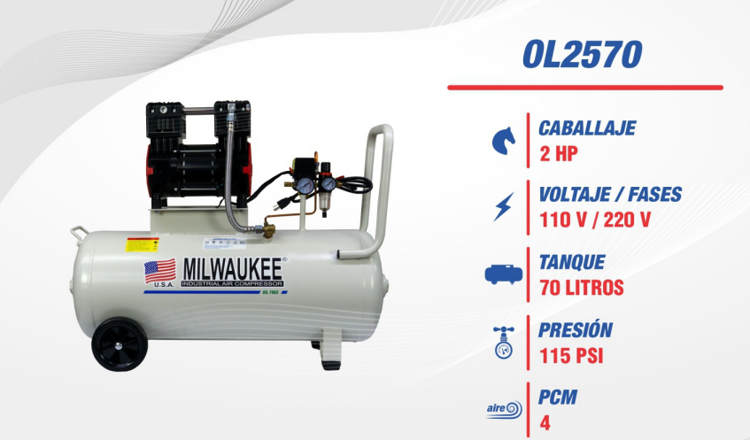 Compresor Libre de Aceite Milwaukee 2 HP – Tanque 70 Lts OL2570