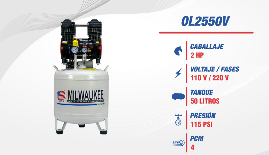 Compresor Libre de Aceite Milwaukee 2 HP 115PSI 110V Tanque Vertical 50 Lts OL2550V