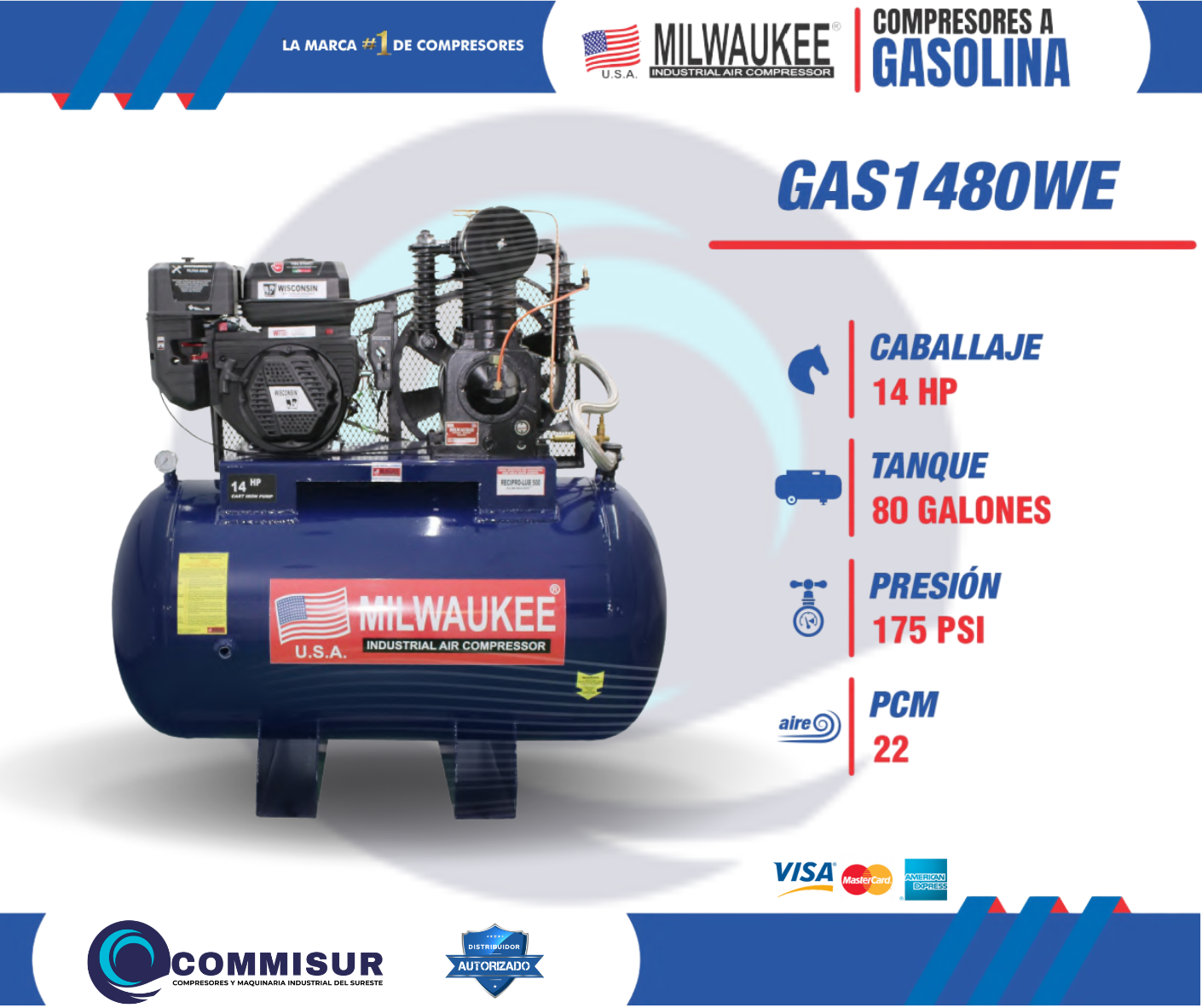 Compresor Industrial Milwaukee 300L Motor 14HP Psi Max. 175