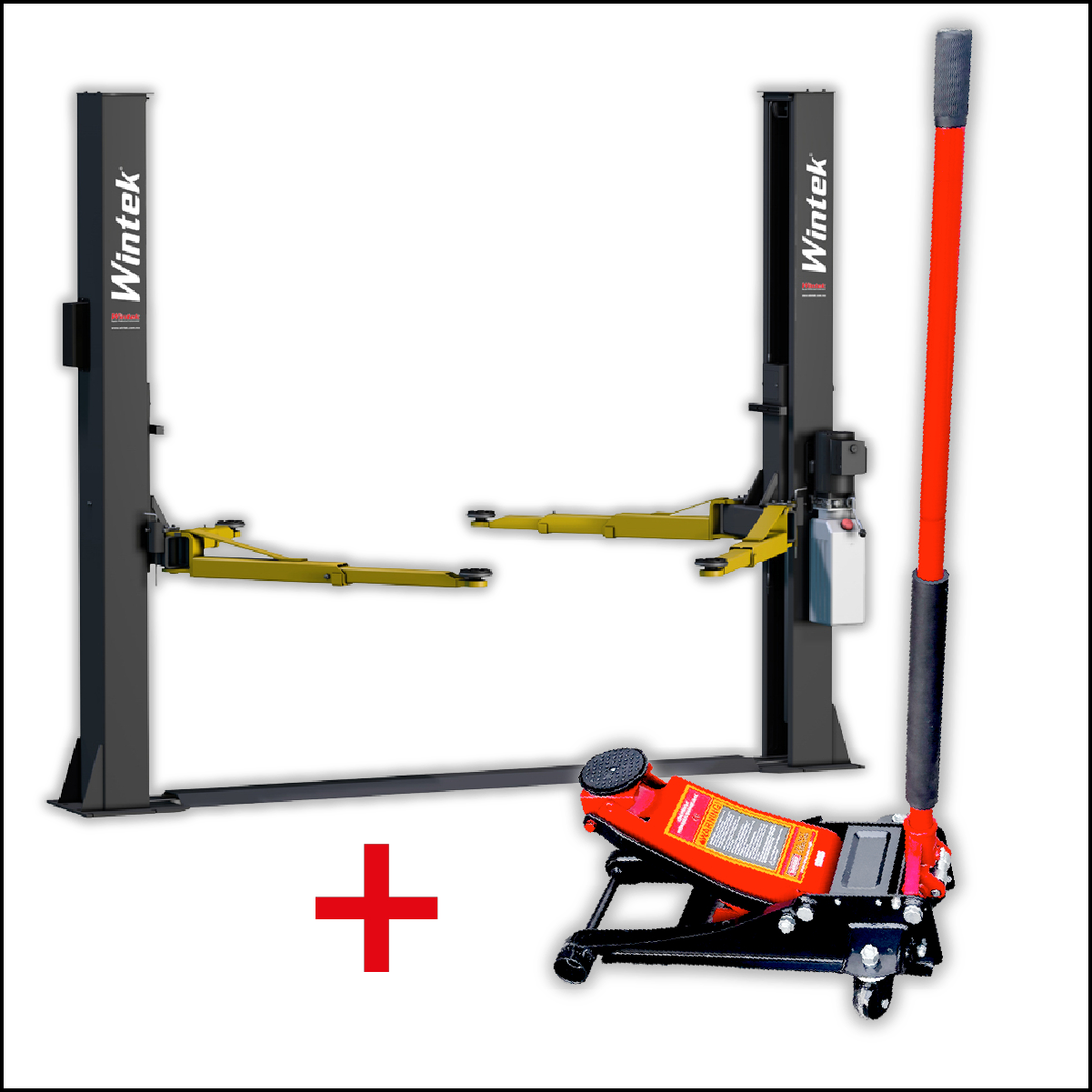 Combo Elevación: Rampa 2 Postes Altura Libre 9000 lbs + Gato Hidráulico de Patín 3 Ton